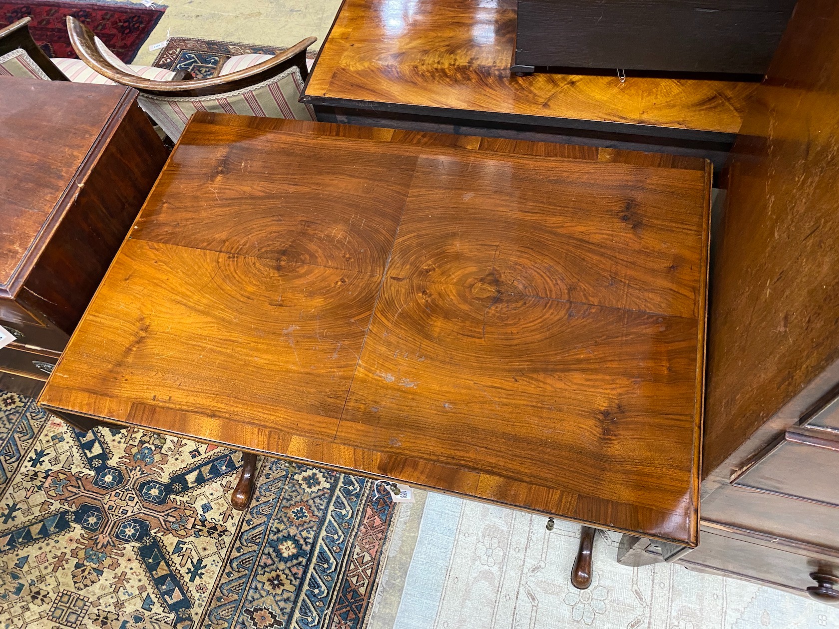A Queen Anne revival banded walnut sofa table, width 98cm, depth 64cm, height 70cm